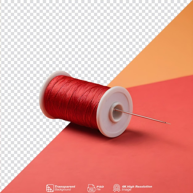 PSD foto horizontal de uma agulha de fio vermelho contra um rolo de fio isolado