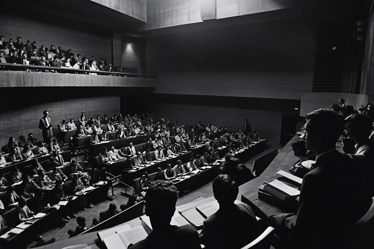 PSD foto in bianco e nero di un grande pubblico in un auditorium che ascolta un oratore