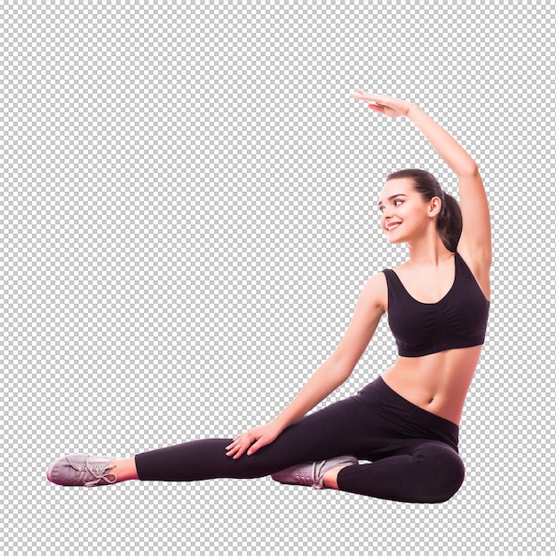 Foto in studio di una giovane donna in forma che fa esercizi di yoga isolata su uno sfondo bianco