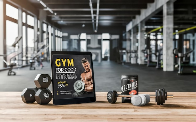 foto de maqueta limpia de una tableta negra con un fondo de gimnasio