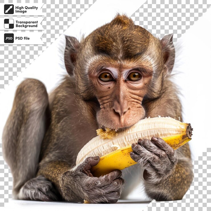 PSD una foto de un mono comiendo un plátano con las palabras mono en él