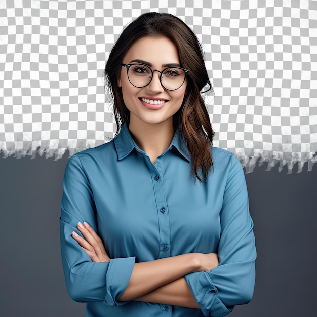 PSD foto de una mujer alegre y segura de sí misma con los brazos cruzados, gafas, camisa azul, fondo gris aislado, aislado sobre un fondo transparente.