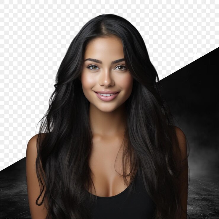 PSD una foto de una mujer con el cabello largo y un fondo negro