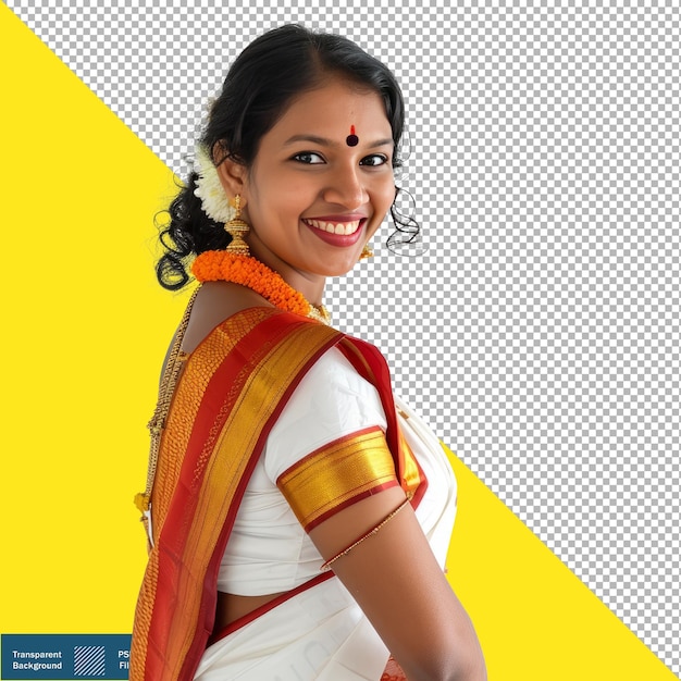 Foto de una mujer de kerala en el set saree sonriendo fondo transparente png psd