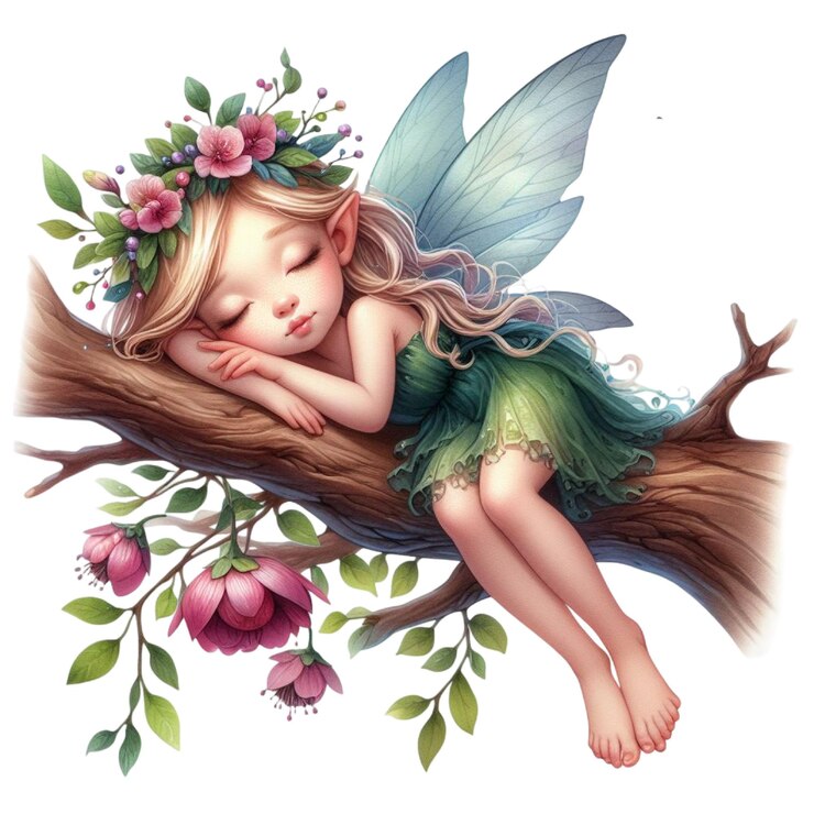 PSD una foto de una niña durmiendo en un árbol con flores y un hada