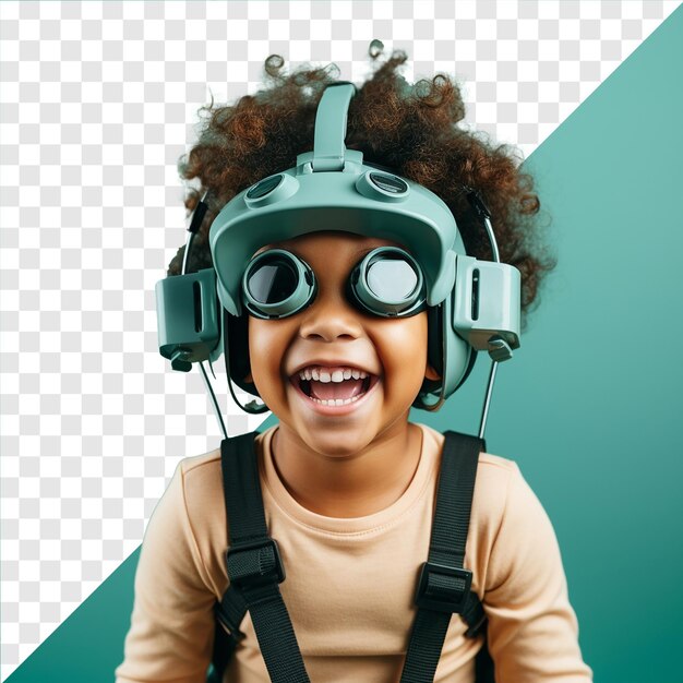 Foto de un niño con auriculares VR en un fondo transparente