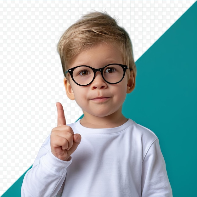 PSD foto de un niño inteligente y lindo con el brazo tocando gafas, pulgar directo, dedo vacío, anuncio aislado en fondo aislado de color azul azulado