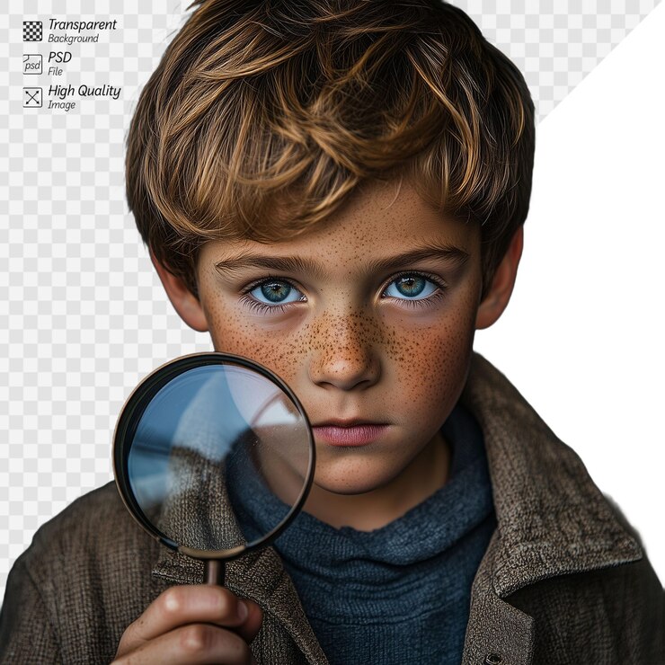 PSD foto de un niño que sostiene una lupa y se ve serio sobre un fondo transparente