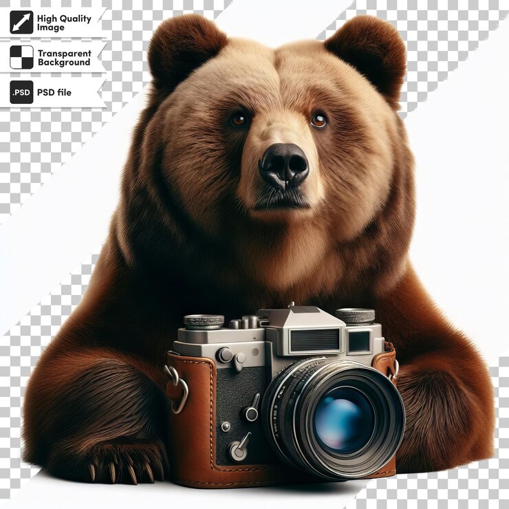 PSD una foto de un oso con una cámara en ella