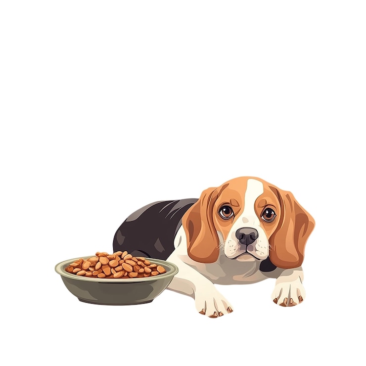 PSD foto de un perro beagle tendido en el suelo y mirando un cuenco de comida seca