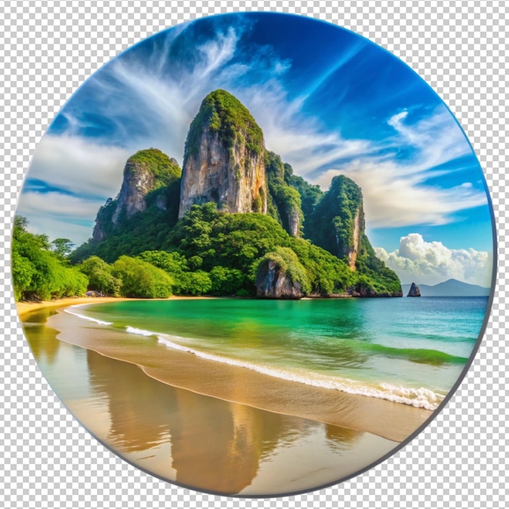 PSD una foto de una playa con una imagen de una montaña en ella
