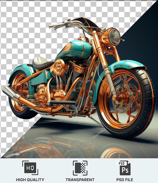 PSD foto premium de uma motocicleta dourada brilhante com um assento preto e uma roda laranja refletida em uma superfície brilhante contra um céu azul e preto com uma sombra preta em primeiro plano