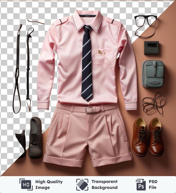 PSD foto premium de un hombre con una camisa rosa corbata negra y gafas negras de pie frente a una pared rosa que accesorios con zapatos marrones y un bolsillo rosa