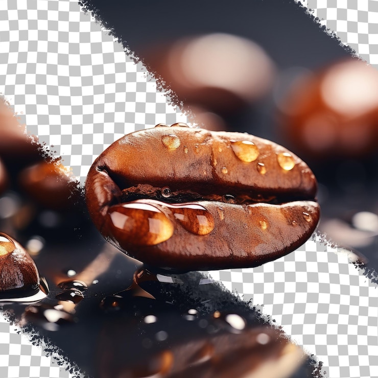 PSD foto en primer plano de un grano de café tostado húmedo sobre un fondo transparente