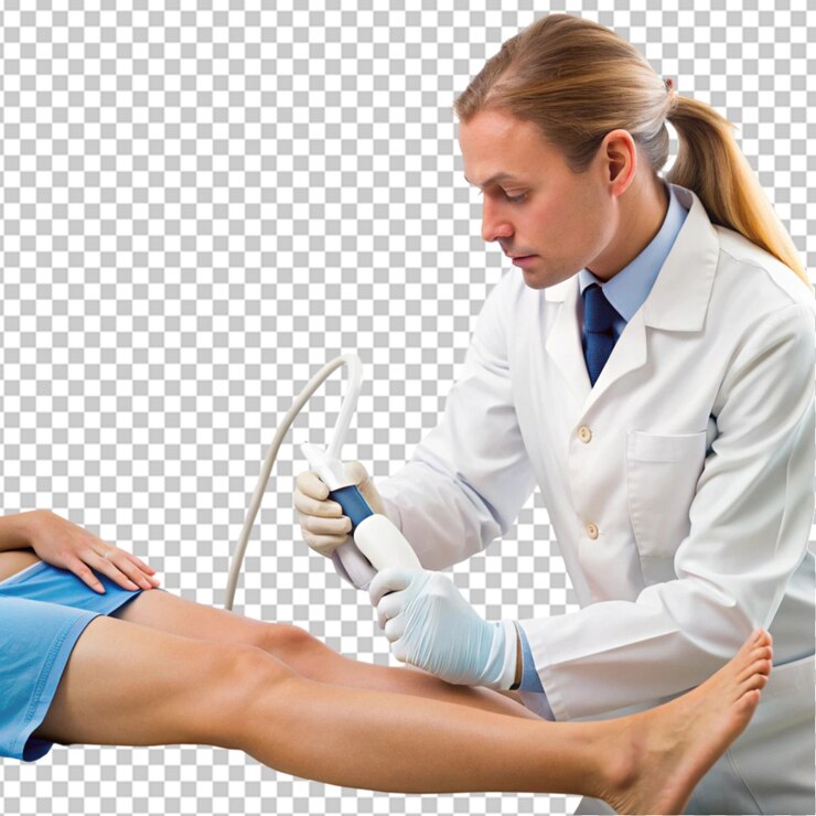 PSD foto en primer plano de un profesional médico realizando una ecografía en piernas hinchadas sobre un fondo transparente