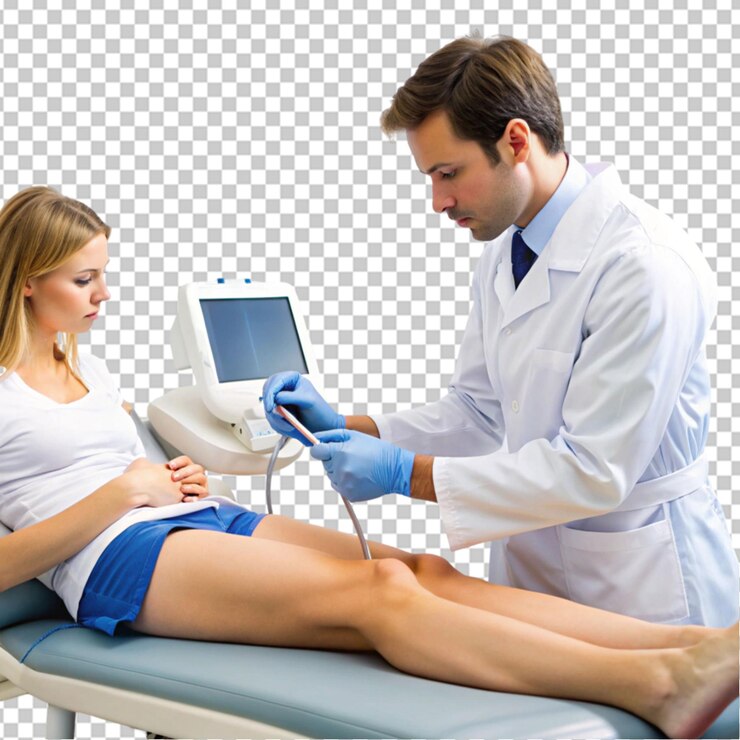 PSD foto en primer plano de un profesional médico realizando una ecografía en piernas hinchadas sobre un fondo transparente