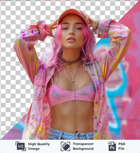 PSD foto psd corpo inteiro jovem mulher de vinte anos com cabelos rosados coloridos brilhantes em camisa rosa chapéu fazendo dab dança hip hop mãos mover gesto pessoas estilo de vida fa