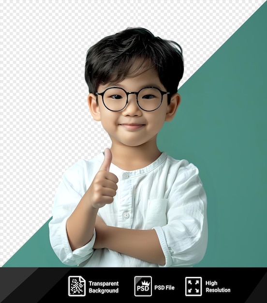 PSD foto de psd foto de un niño pequeño y lindo inteligente brazo toque gafas pulgar directo dedo pulgar espacio vacío anuncio