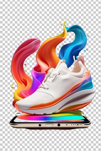 PSD foto publicitária para sapatos multicolor que mudam de cor com aplicativo móvel