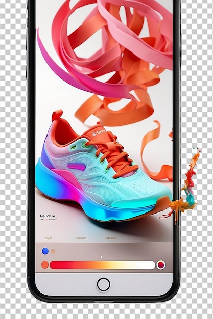 PSD foto publicitária para sapatos multicolor que mudam de cor com aplicativo móvel