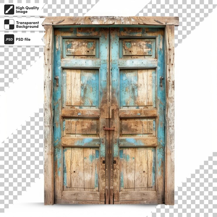 PSD una foto de una puerta de madera con un diseño azul y marrón
