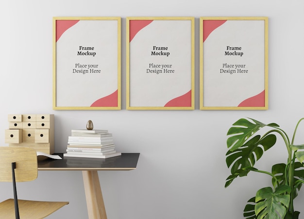 foto ritratto o poster mockup con cornice in legno in interni moderni