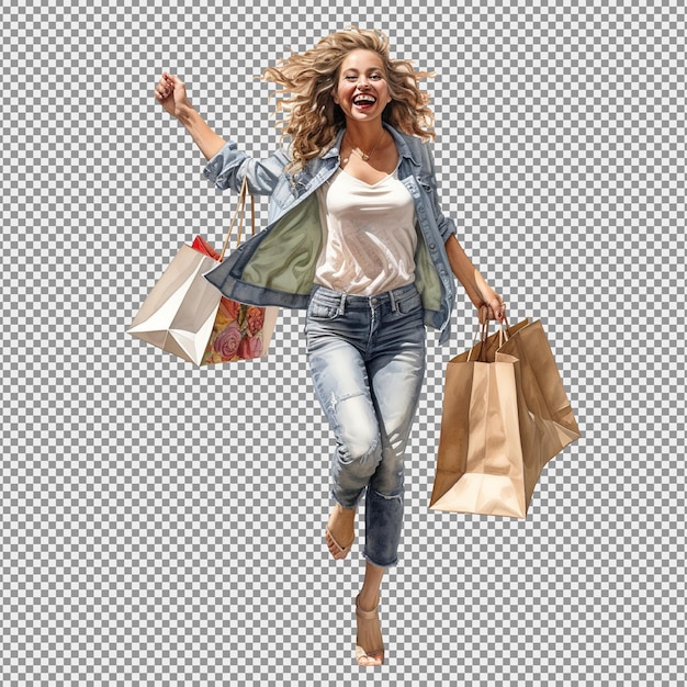 PSD foto en tamaño completo de una mujer hermosa con peinado rizado pantalones de denim sostenen bolsas de compras aisladas