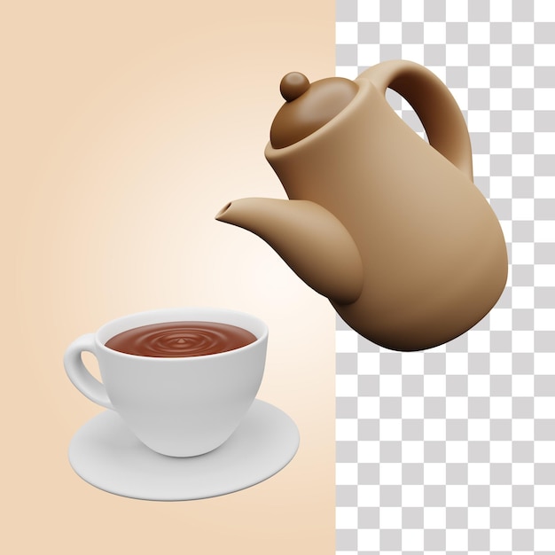 Una foto de una tetera y una taza con un platillo con una bebida dentro.