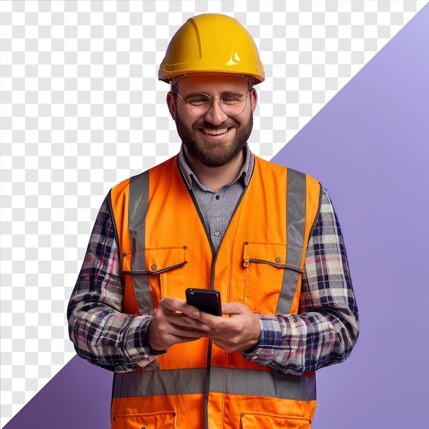 PSD foto de un trabajador con casco usando un teléfono inteligente