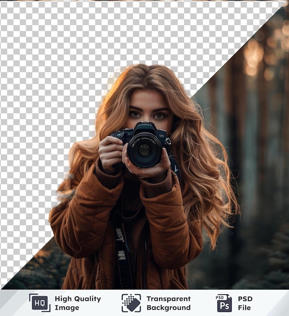 PSD foto transparente de uma fotógrafa na floresta segurando uma câmera com cabelos longos e olhos castanhos