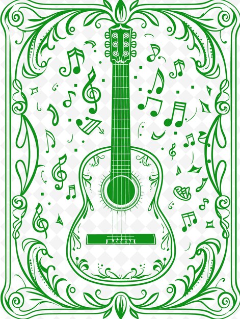 PSD una foto verde y blanca de una guitarra con notas de música en el fondo