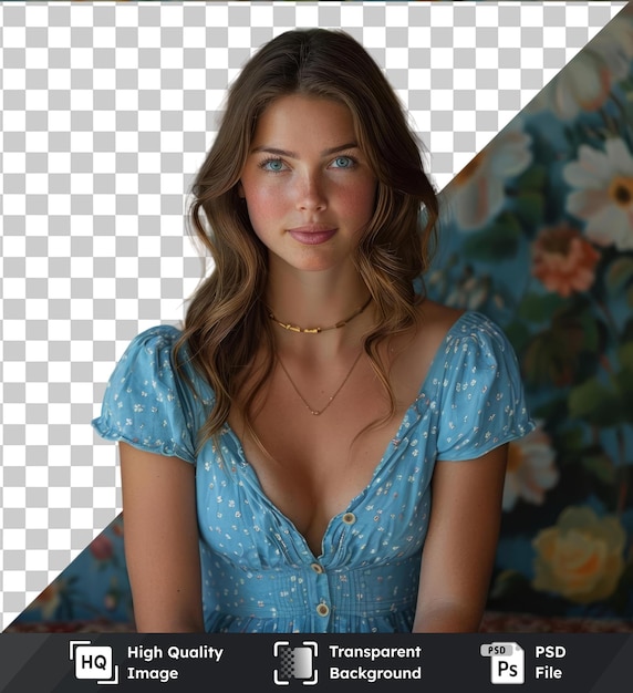 PSD foto vertical de uma jovem mulher em um vestido azul sentada em frente a uma parede floral ela usa um colar de ouro e tem cabelo castanho longo uma flor branca