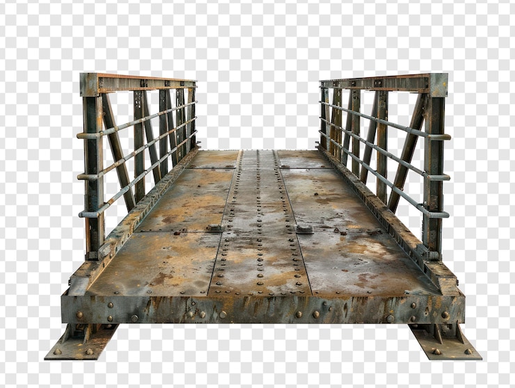 PSD foto de vista frontal ultra realista de la entrada de un puente de metal áspero en un fondo transparente psd