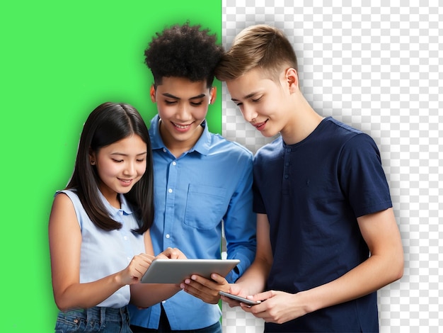 Foto von vier jungen Leuten, die auf einem Tablet sitzen und lesen