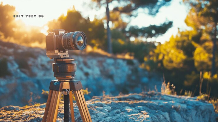 PSD fotocamera su un treppiede al tramonto con vista su un paesaggio panoramico