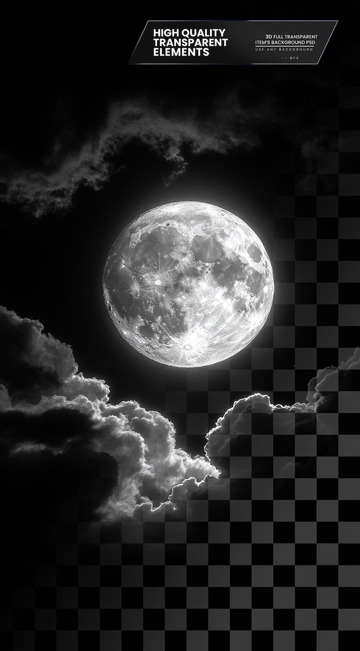 PSD fotografía en blanco y negro de la luna en nubes sobre un fondo transparente