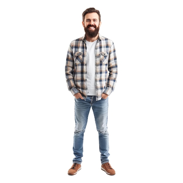 Fotografía completa de un joven guapo y feliz con barba.