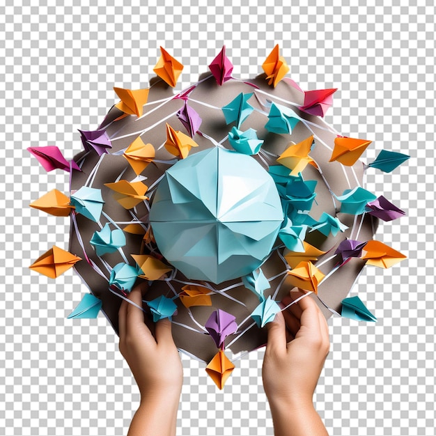 PSD fotografia de cima de pessoas de cadeia de origami com globo