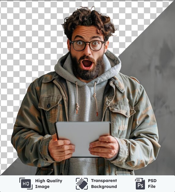 PSD fotografia de estúdio de um homem surpreso olhando para o tablet na frente de uma parede cinzenta com cabelo castanho rizado, óculos pretos, barba castanha e boca aberta enquanto segura a mão de alguém