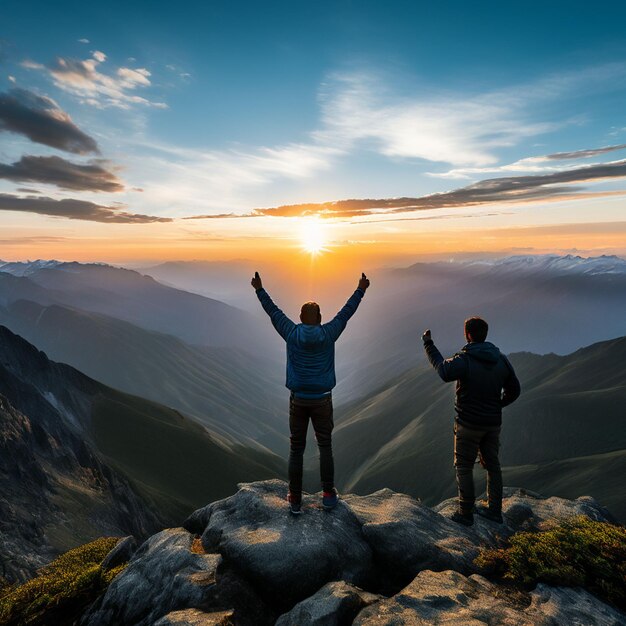 PSD fotografia de homens de viagem celebrando o sucesso no topo do pico da montanha