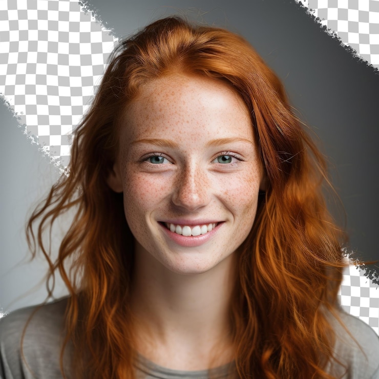 PSD fotografia de menina ruiva alegre com sardas sorrindo olhando para a câmera com fundo transparente