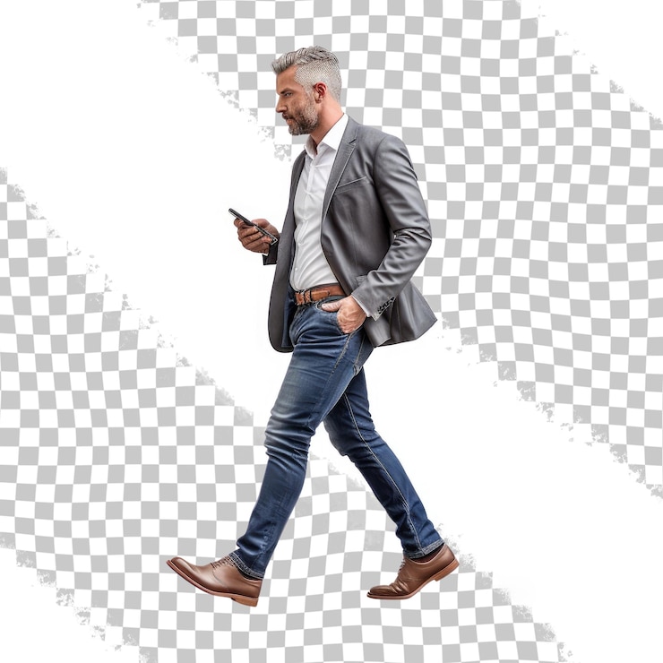 PSD fotografia de perfil de comprimento completo de um homem de terno e calças de ganga usando um telefone móvel e caminhando isolado em um trem