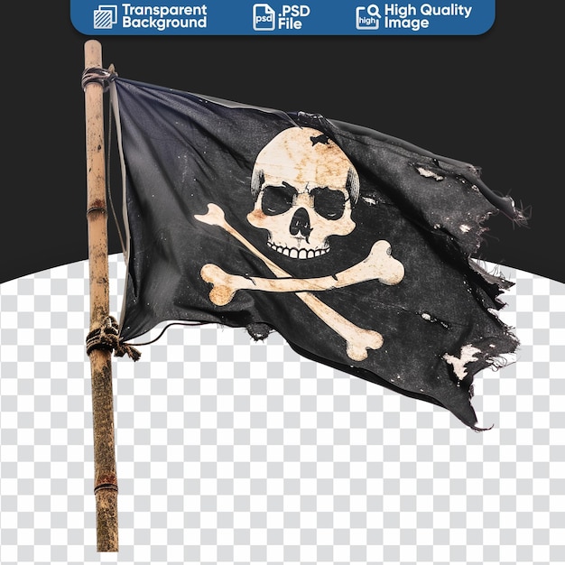 PSD fotografia de uma bandeira de pirata lançada pelo vento com crânio e ossos.