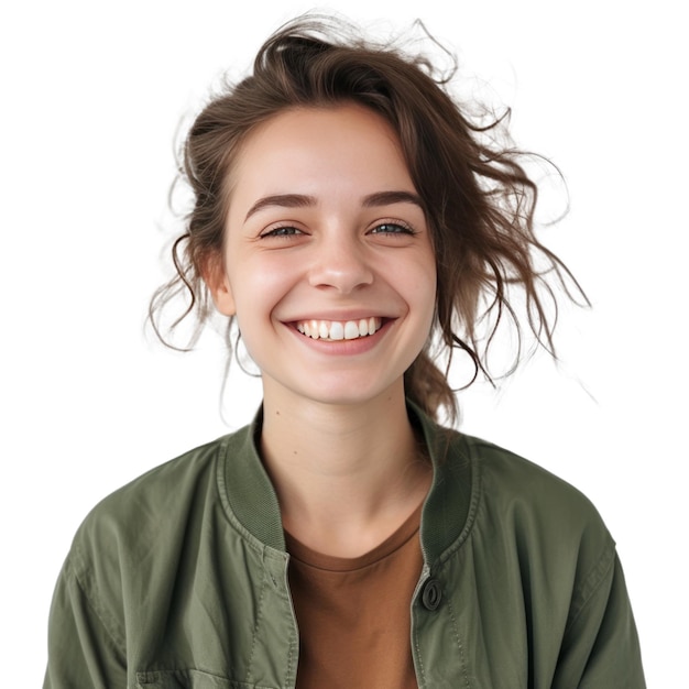 PSD fotografia de uma mulher sensual atraente com um grande sorriso vestida com um casaco verde e uma camiseta marrom sorrindo amplamente feliz por conhecer sua melhor amiga.