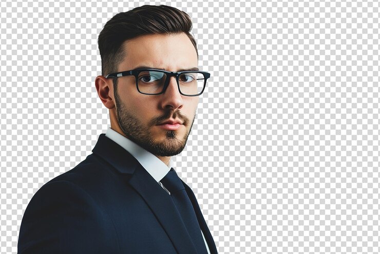 Fotografia em close de um empresário de óculos em fundo branco isolado