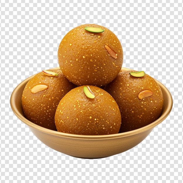 Fotografia em close-up de delicioso laddu dourado em uma tigela