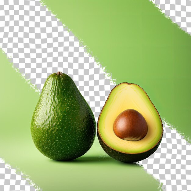 PSD fotografía macro de un delicioso aguacate verde maduro con dos frutas enteras en el fondo sobre un fondo transparente