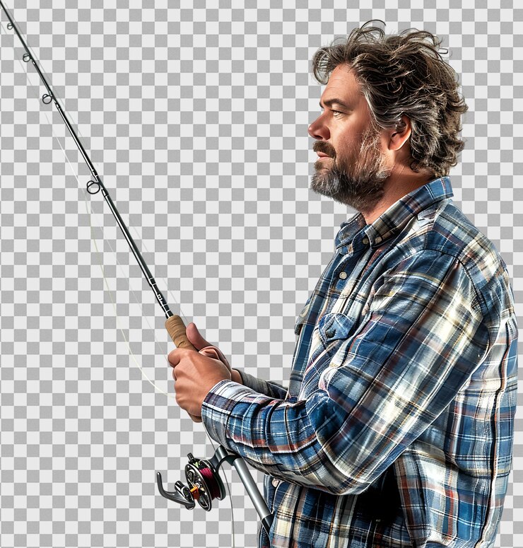 PSD fotografía de perfil de un hombre casual tirando de una caña de pescar en un fondo transparente