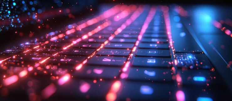 PSD fotografía en primer plano de un teclado de computadora retroiluminado con luces borrosas en el fondo