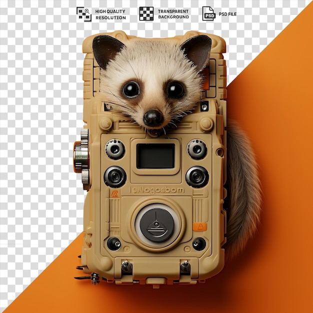 PSD fotografia realista biólogos da vida selvagem armadilhas de câmera capturado em close-up contra uma parede laranja com uma cauda fofa orelhas e olhos pretos com uma pequena tela preta no